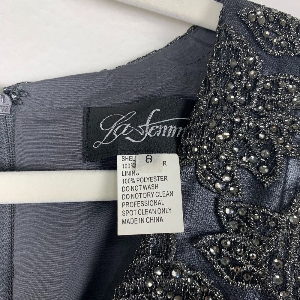 NWT La Femme 26447 Two Tone Satin A-Line V-Neck Gown Platinum Silver Gray - Picture 6 of 10